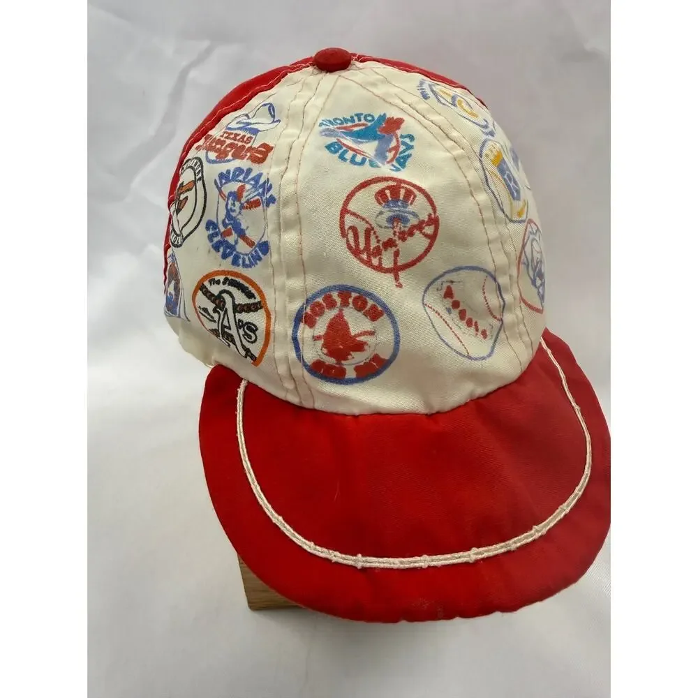 Vintage MLB All Over Print Snapback Hat Red White 80s 90s ANCO Cap Logos Kids